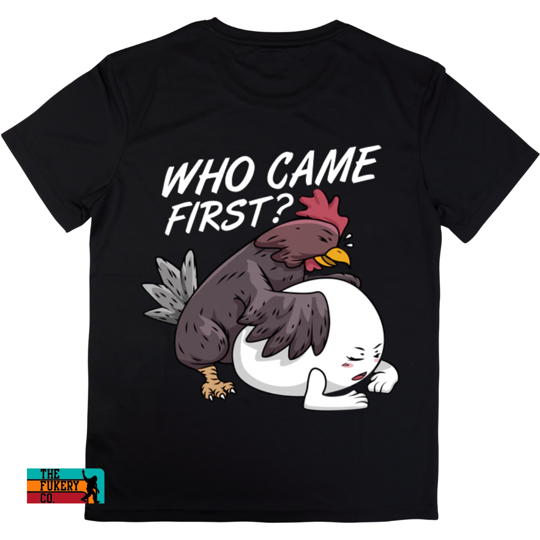 who came first? funny graphic shirt, funny mens tshirt, plus size, black softstyle shirt
