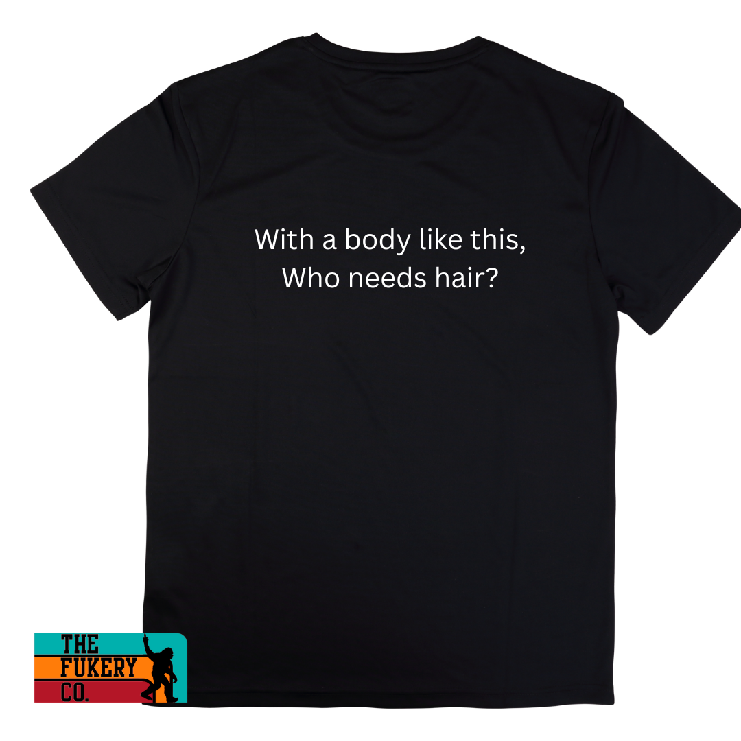 with a body like this, who needs hair? bald, sarcastic shirt, graphic black shirt, plus size, bald and beautiful